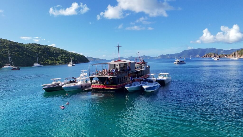 The Willy T floating bar moored in the Bight, Norman Island, from the air, November 2025