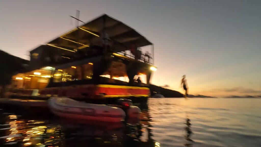Jumping off the top deck of the Willy T at sunset, the Bight, Norman Island, November 2025