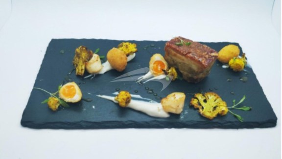 Slow Cooked Belly Pork, Pan Fried Scallops, Cauliflower Puree, Roasted Cauliflower Florets, Crispy Quail Eggs (Day 6)