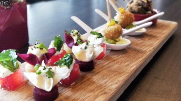 Canapes- Beetroot and Whipped Goats Curd Samosas, Mackerel Lollipops with lemon puree and pickled fennel