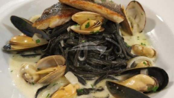Pan Fried Seabass on Squid Ink Linguine, Cockle and Mussel Fricasee (Day 2)