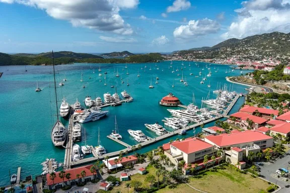 Charlotte Amalie, view from Yacht Haven Grande in the direction of the airport. Ferrys leaving from the dock on the far side of the harbor.