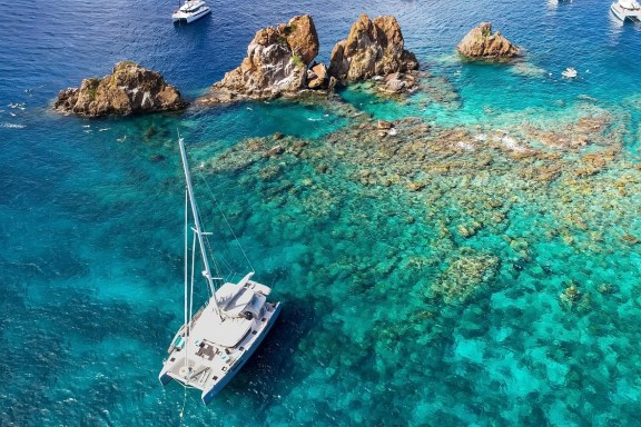Charter Catamaran Liquid Zen moored at the Indians in the British Virgin Islands
