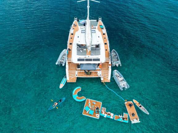 BVI Luxury Catamaran My Ty with all her awesome floating playground and lounge area.