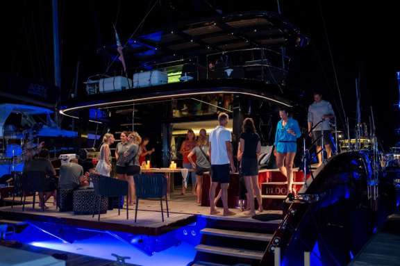 Luxury Catamaran Lena's extended back deck (with the hydrollic platform) is great for social gatherings.