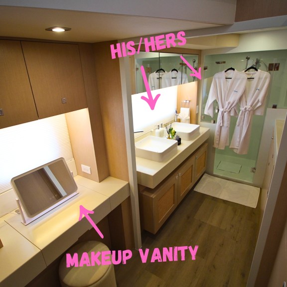 Catamaran Forever Young Master Cabin Ensuite Bathroom with hishers and makeup vanity