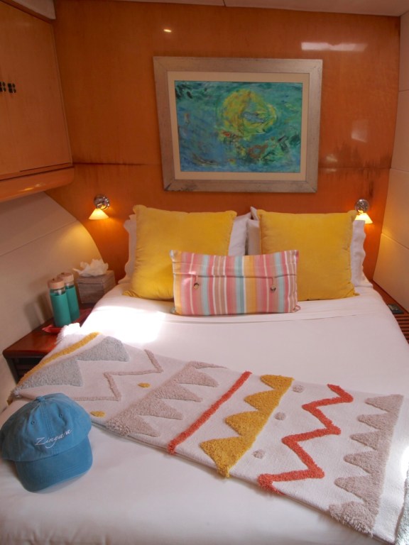 Each cabin is styled in different color schemes and with unique caps for the guests to keep