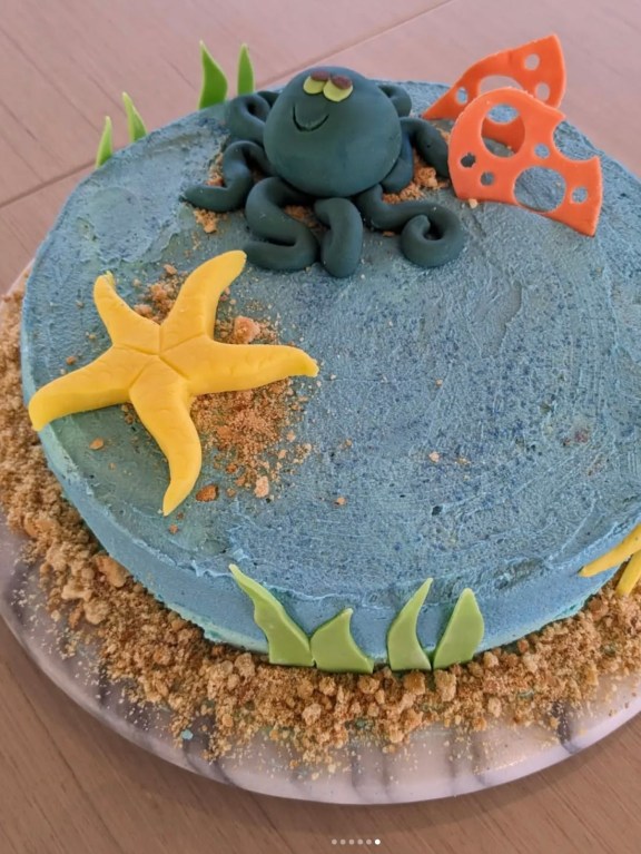 Anna's Under the sea birthday cake! Chocolate sponge with brown butter frosting.