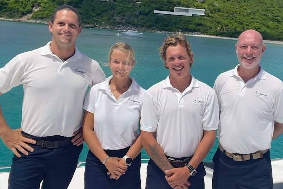 Zingara Crew from left: Captain Jason Van Groeningen, Stewardess Margret Church, Deckhand Reece Hayward, Chef Ed Stacey