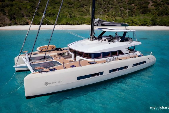 BVI Catamaran Charter, Aeolus on anchor in the BVI