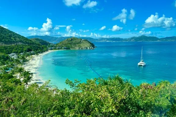 Catamaran anchored in front of Peter Island Resort, British Virgin Islands
