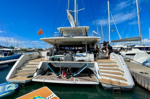 Crewed catamaran TRU NORTH docked in Spanish Town, Virgin Gorda, BV