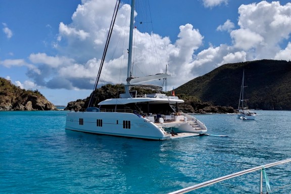 Catamaran anchored at Monkey Point, Guana Island