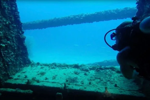 Suba Diver looking out of the Wreck of the Chakuzen