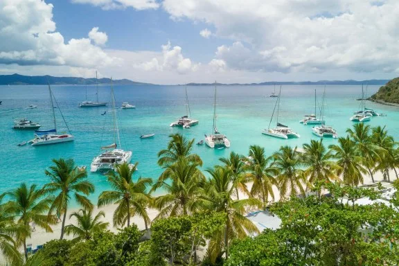 Catamarans anchored in front of Soggy Dollar Bar, Jost Van Dyke Island