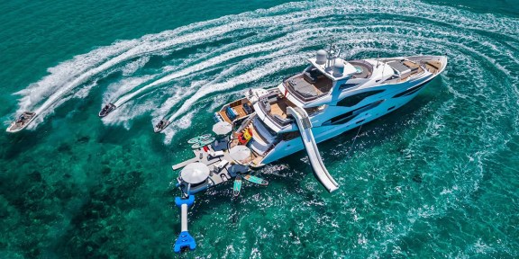 CAPTAIN MORGAN III Luxury Charter Yacht Sunseeker 131 Yacht Aerial View Water Slide