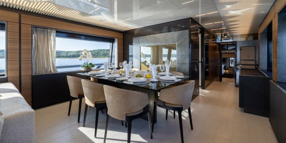 DATE NIGHT Luxury Yacht Charter Ferretti 920 Saloon Dining