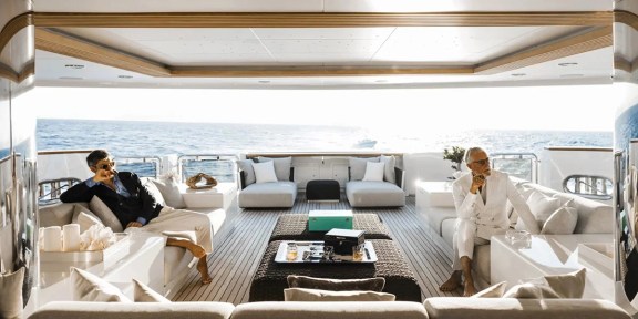 EMIR Luxury Cruisser Charter Golden Yachts 82M Conversions Aft Deck Seating