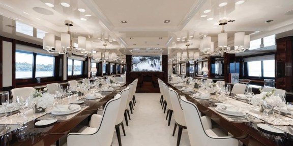 EMIR Luxury Cruisser Charter Golden Yachts 82M Conversions Salon Dining