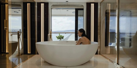 EMIR Luxury Cruisser Charter Golden Yachts 82M Conversions Master Suite Bathroom