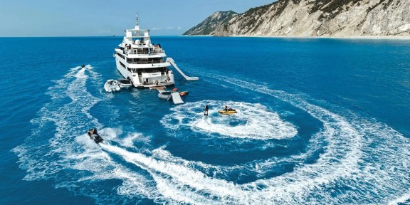 EMIR Luxury Cruisser Charter Golden Yachts 82M Conversions Aerial View Water Toys