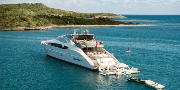 NORMA JEAN Luxury Charter Yacht Palmer Johnson PJ150 Aerial Far View At Anchor