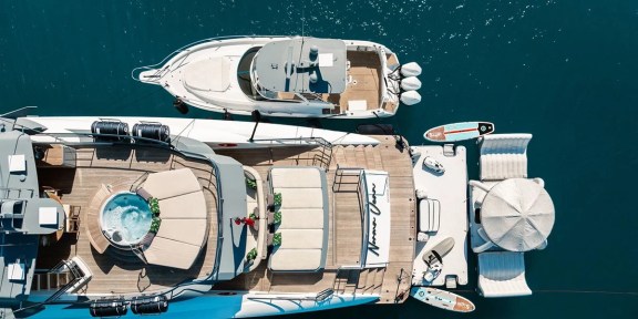 NORMA JEAN Luxury Charter Yacht Palmer Johnson PJ150 Aerial Stern View