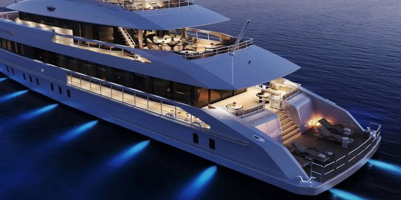 ORION Luxury Charter Yacht Hessen 50M Aluminium FDHF Night Lights Aerial View