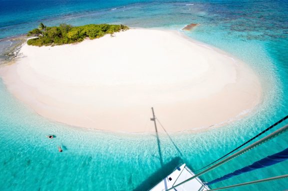 Sandy Spit from the top of the mast, BVI