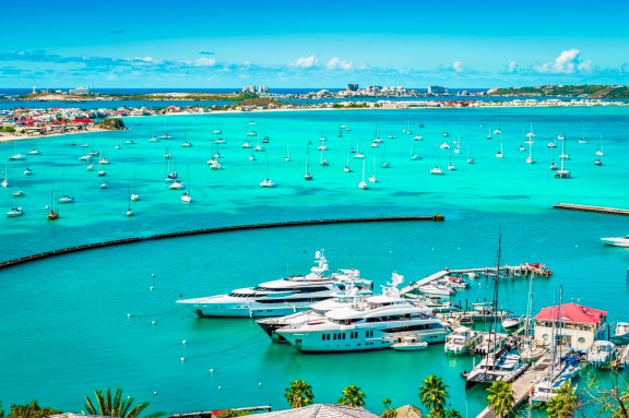 Superyachts docked at Marina in St Martin