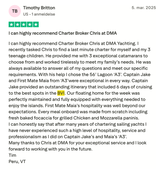 Trustpilot review - I can highly recommend charter broker Chris at DMA