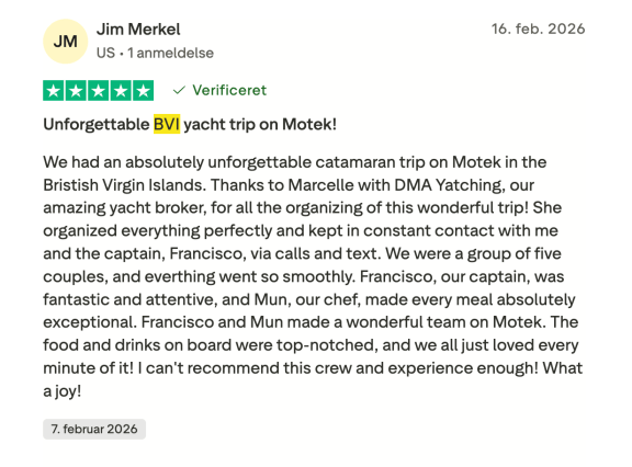Trustpilot review - unforgettable BVI yacht trip on Motek