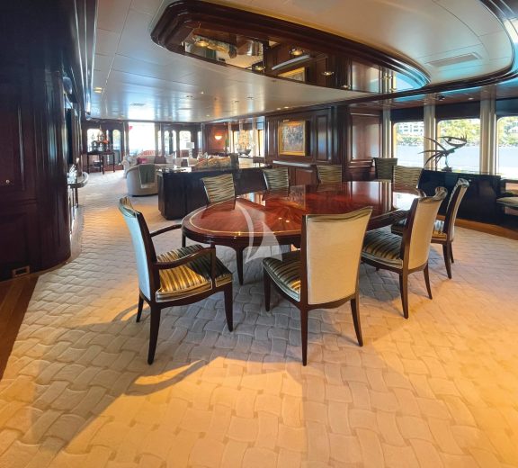 The main deck offers formal dining adjacent to the main salon, and comfortably accommodates 12 guests.
