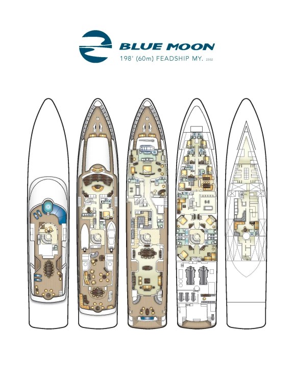 This Design Schematic of Blue Moon previews the lower deck guest accommodation in the configuration of 3 Queen staterooms with 2 independent lounges. In this layout, the option of connecting two staterooms to the adjoining lounges exists, creating two oversized VIP staterooms. Other options allow the lounges to exist as separate staterooms converting to either 2 Twins or a King.
