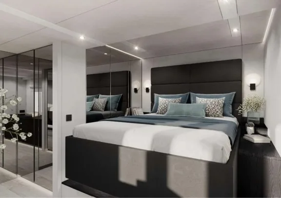 Minimalist master cabin with dark headboard king bed on Sunreef 68 MARIA THERESE
