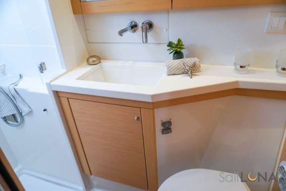 Spacious en-suite bathrooms offer added comfort to life below deck. Each en-suite bathroom is equipped with a separate, full-size shower stall.