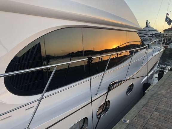 Sunset reflected in the deckhouse